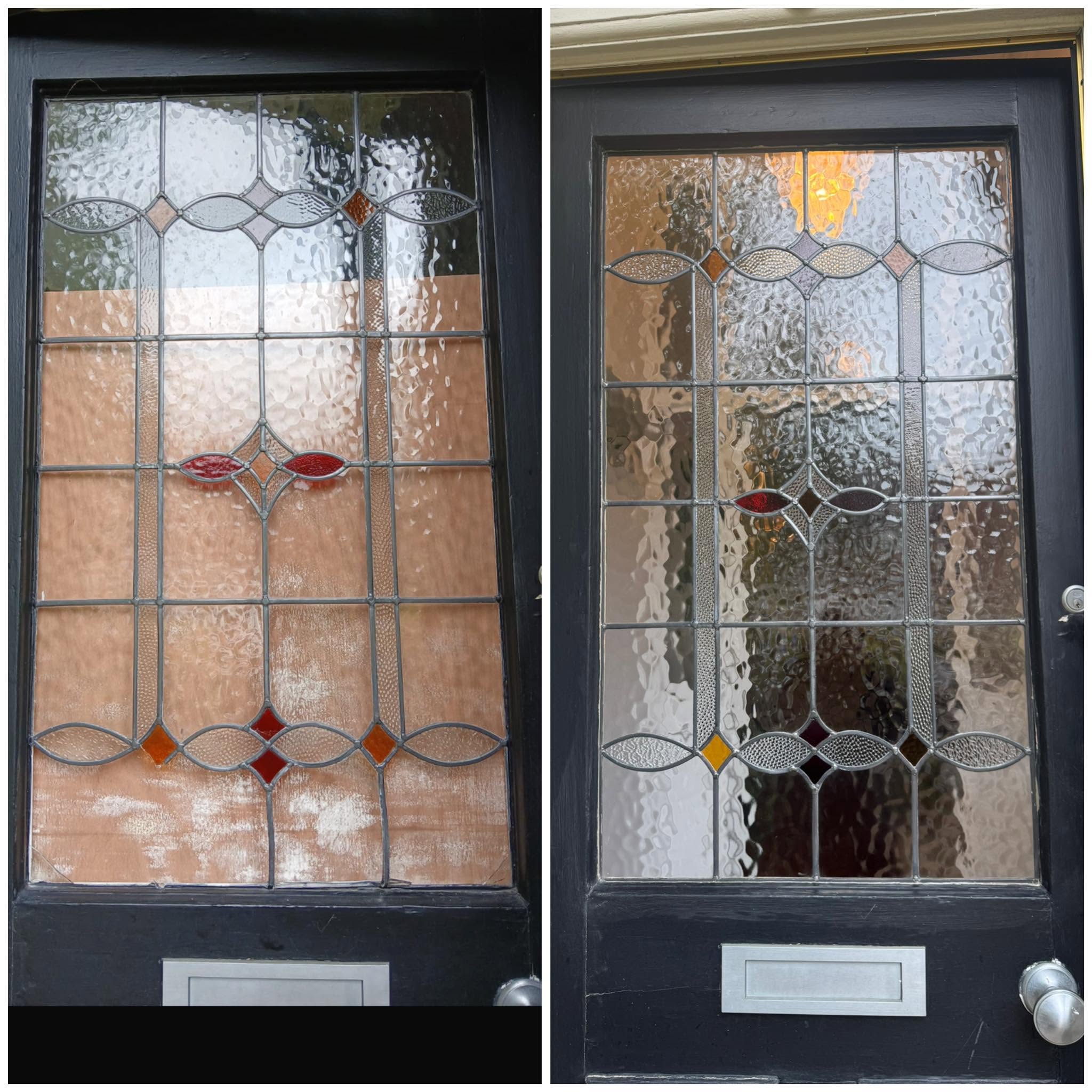 Leaded glass door panel with red and amber diamonds, shown in two views