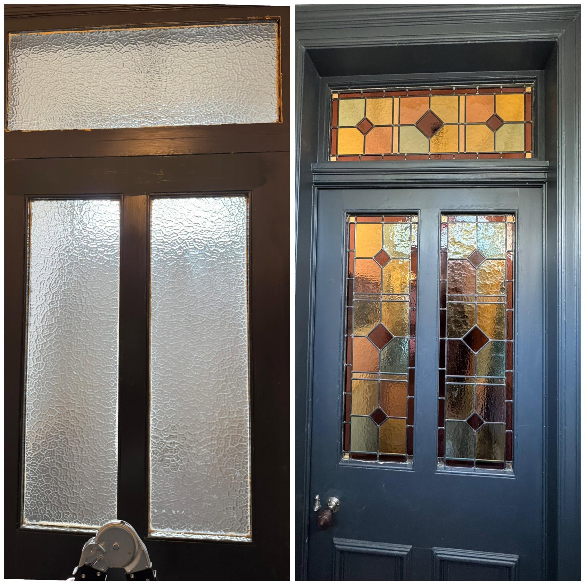 Front door before and after: plain obscure glass replaced with leaded stained glass panels and a matching fanlight