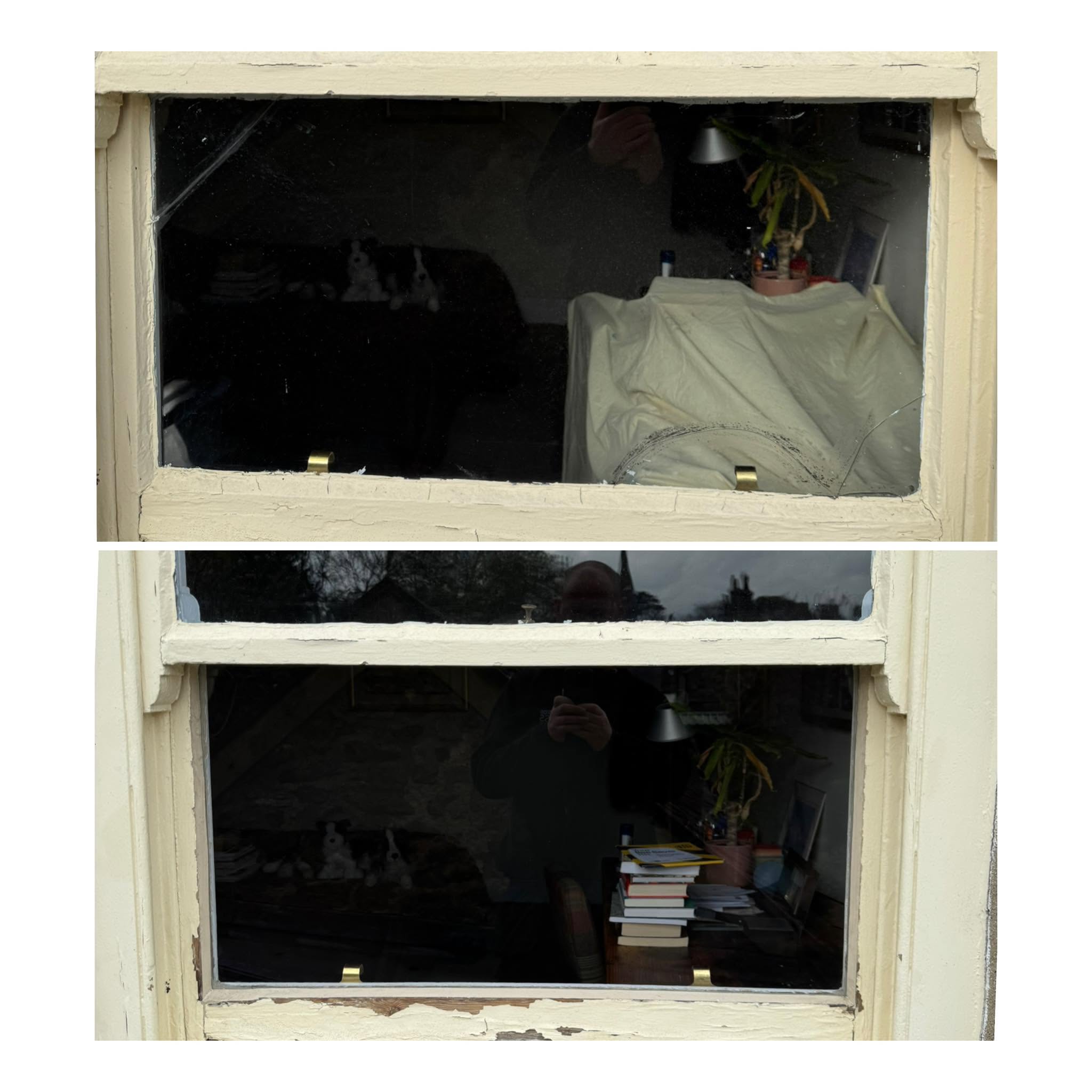 Painted sash window shown with the glass out, then reglazed